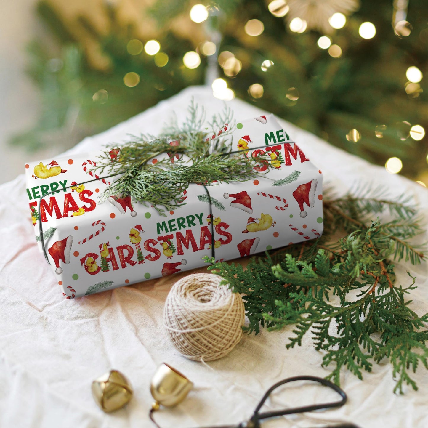 Christmas Duck Wrapping Paper - Funny Xmas Gift Wrap with Santa Hats, Candy Canes, Yellow Ducks and MERRY CHRISTMAS for Kids Boys Girls - 40×28 Inches, 4 Folded Sheets