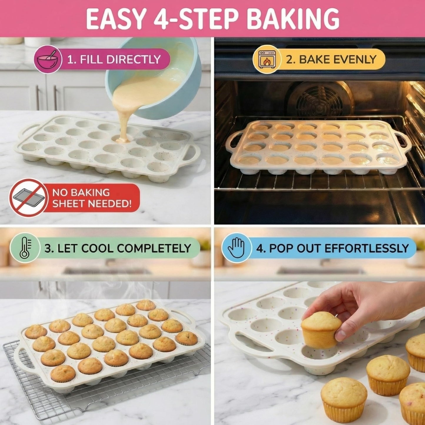 BAKE BOSS Mini Muffin Pan Silicone 24 Cup 2 Pack – Metal Reinforced Frame Nonstick Silicone Molds for Baking Muffins, Egg Bites & Cupcakes – LFGB BPA-Free, Dishwasher Safe, Cream