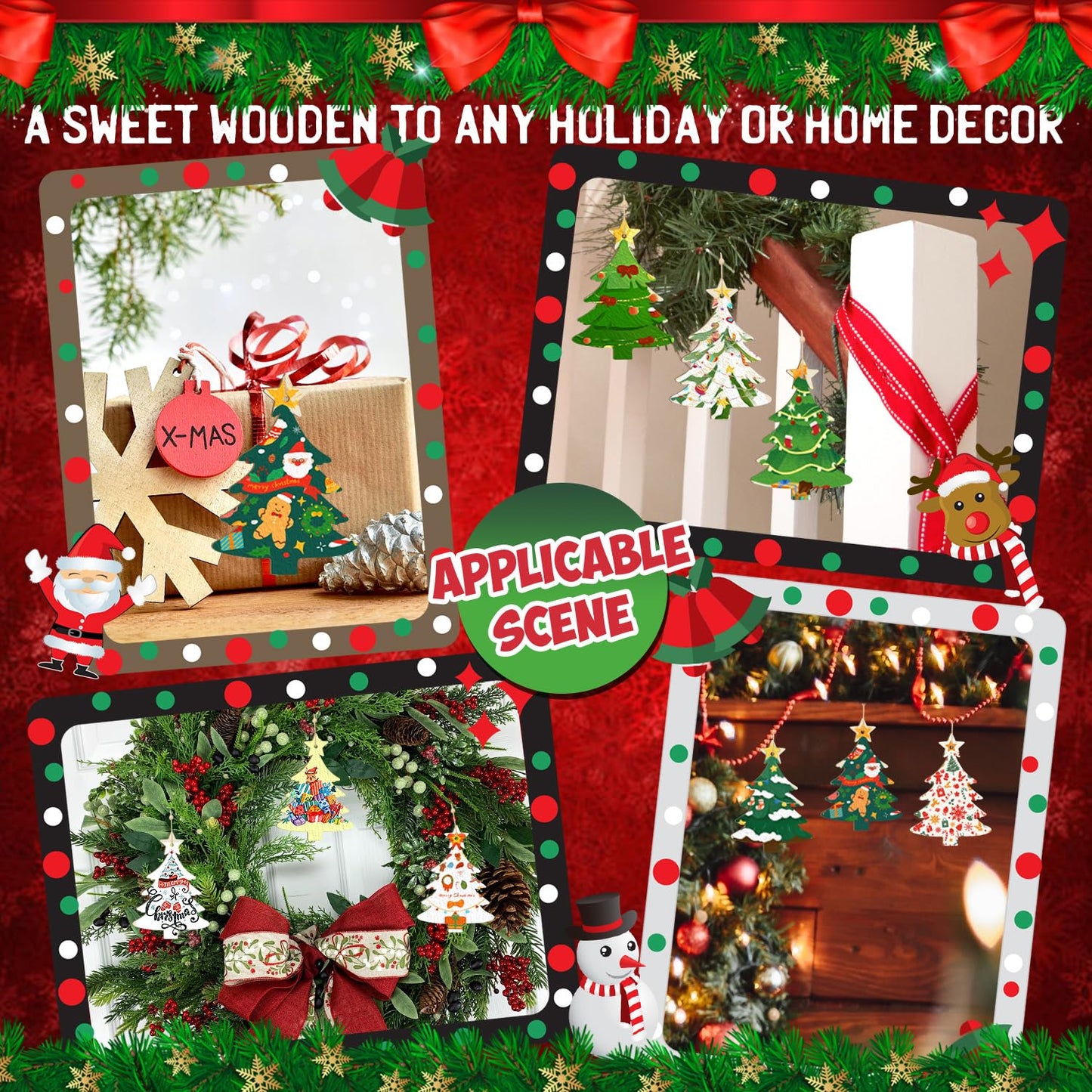 Wooden Christmas Ornaments to Paint Christmas Tree Decoration Cutouts Unfinished 24PCS 3.5 x 3 inches, DIY Blank Unfinished Christmas Tree Wood Discs Ornament for Home Crafts Hanging