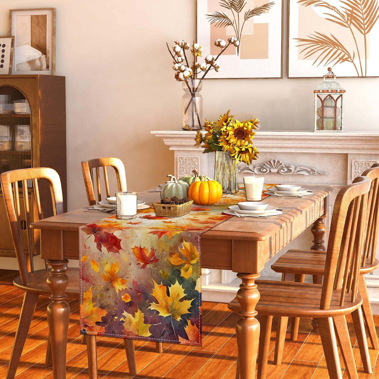 Maple Leaves Fall Table Runner,Autumn Thanksgiving Harvest Festival Farmhouse Decorations and Supplies for Home Kitchen Dining Room Table-13×72''