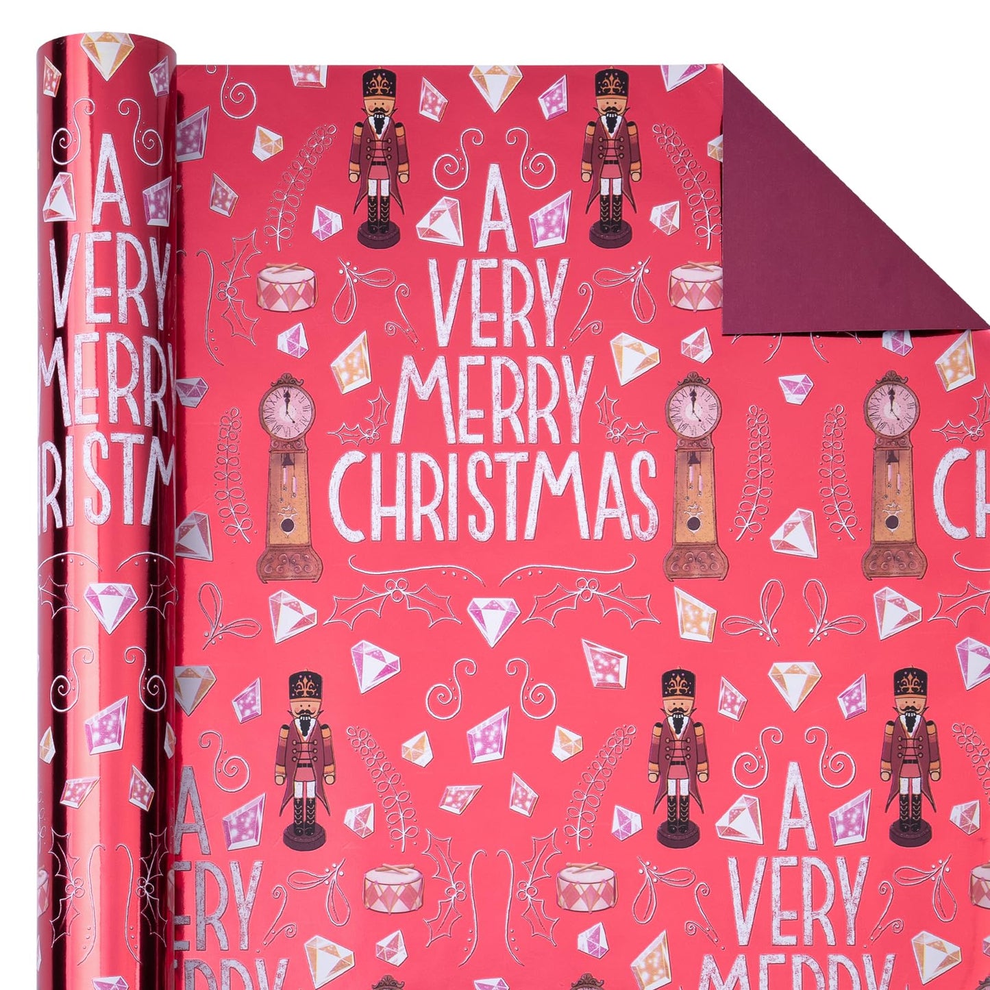 Reversible Nutcracker Christmas Wrapping Paper - Mini Roll - 17 Inch x 33 Feet - Merry Christmas Nutcracker Wrapping Paper with Metallic Foil Shine for Xmas Holiday, Party Celebration