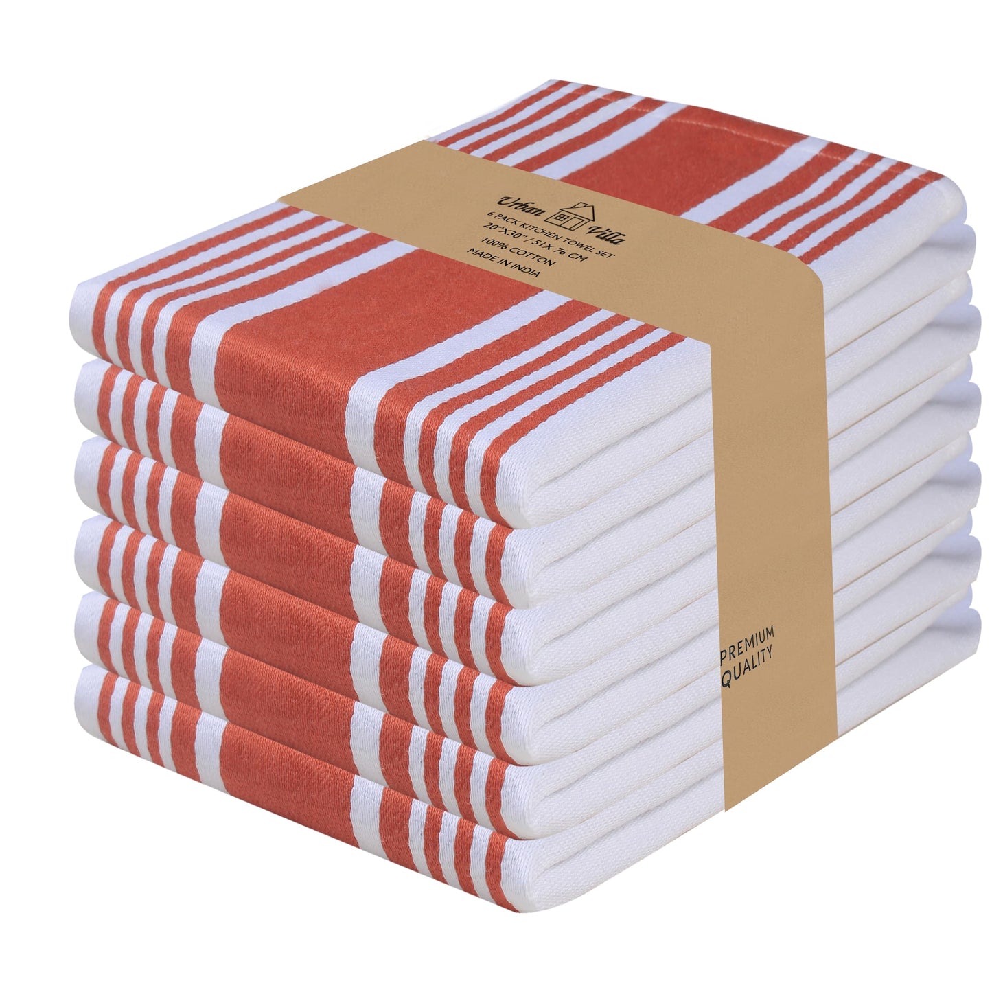 Urban Villa Fall Kitchen Towels 100% Cotton Pack of 6 Highly Absorbent Quick Drying Soft Premium Dish Towels for Kitchen with Hanging Loop Thanks Giving TeaTowels - 20x30 Inch (Rust & White Striped)