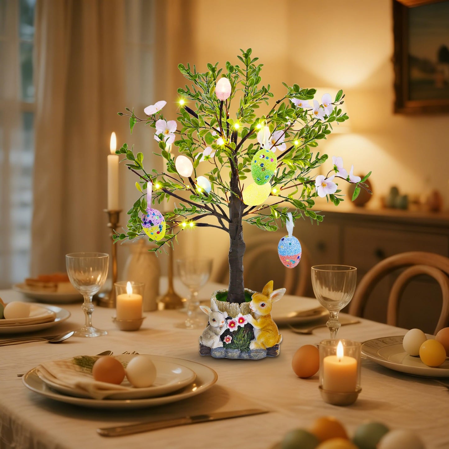 Lighted Easter Tree 23.5 Inch - Pre-Lit Easter Decorations for Table with Eggs & Bunny Pot, Spring Trees Centerpiece with Lights for Dining Room, Home, Mantel, Office Décor