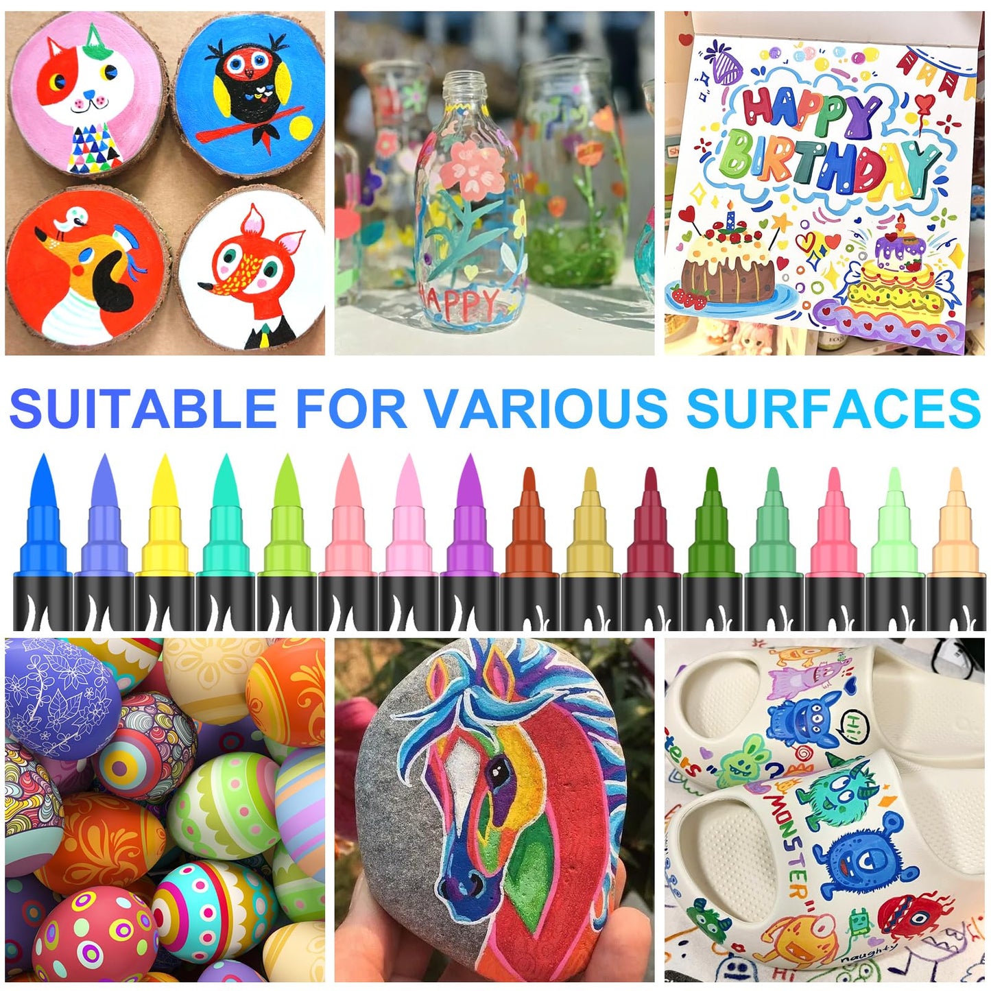 Acrylic Paint Pens, 50 Colors Dual Tip Markers with Fine and Brush Tip, Premium Marking Pens Set for Rock, Wood, Plastic, Fabric Painting and DIY Crafts