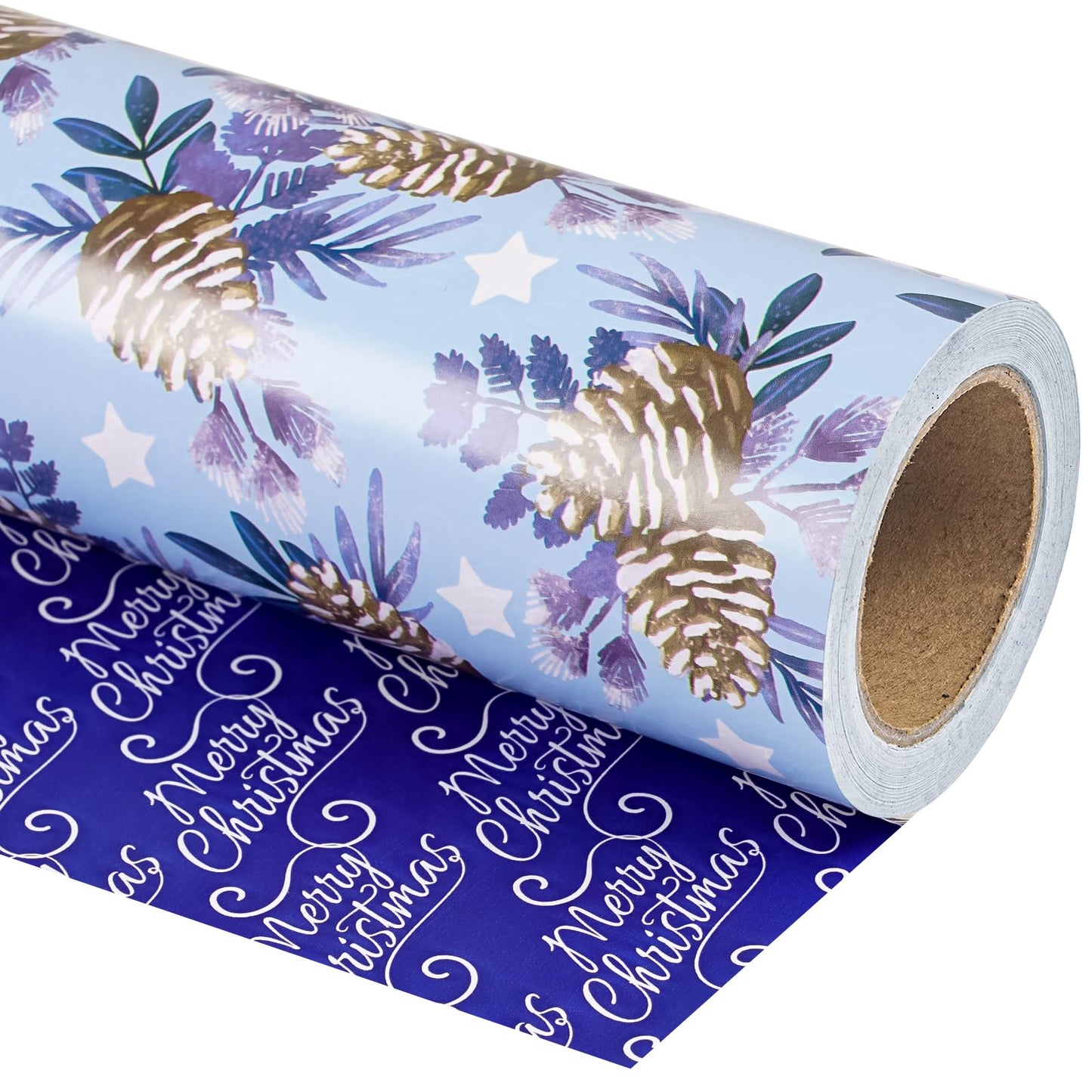 Reversible Christmas Wrapping Paper - Mini Roll - 17 Inch x 33 Feet - Pinecone and Merry Christmas Blue Wrapping Paper for Xmas Holiday, Party Celebration