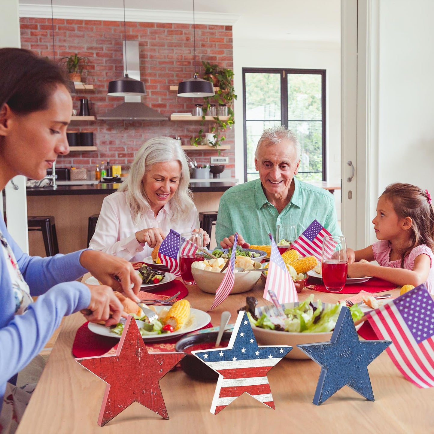 3 Pcs 4th of July Wooden Star Signs,Rustic Memorial Day Tiered Tray Decor, American Patriotic Table Decoration for Home Kitchen (Retro)