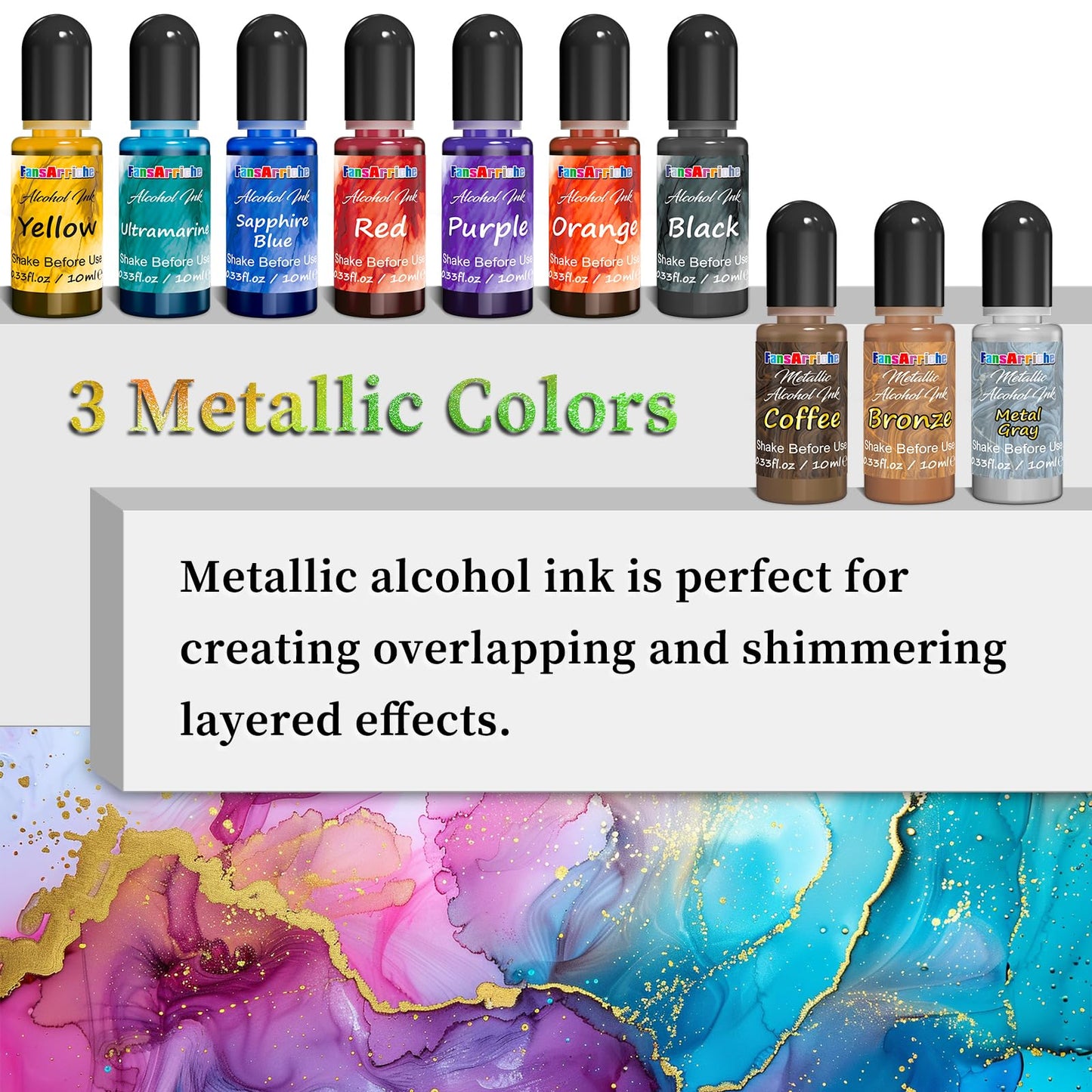 FansArriche Alcohol Inks for Resin, 16 Colors High Concentrated Alcohol Ink Set for Epoxy Resin, Alcohol-Based Resin Ink for Coasters, Fluid Painting Crafts, Tumbler Making, 10 ml Each