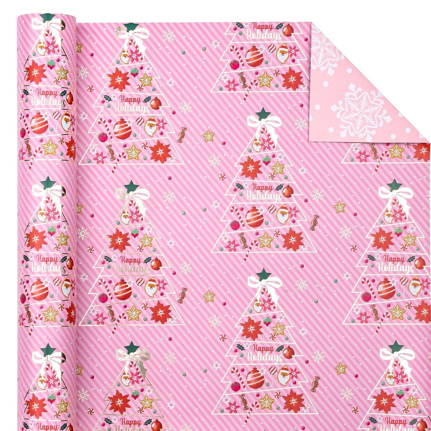 Reversible Pink Christmas Wrapping Paper - Mini Roll - 17 Inch x 33 Feet - Pink Christmas Tree Wrapping Paper and Snowflake Design for Holiday, Party Celebration