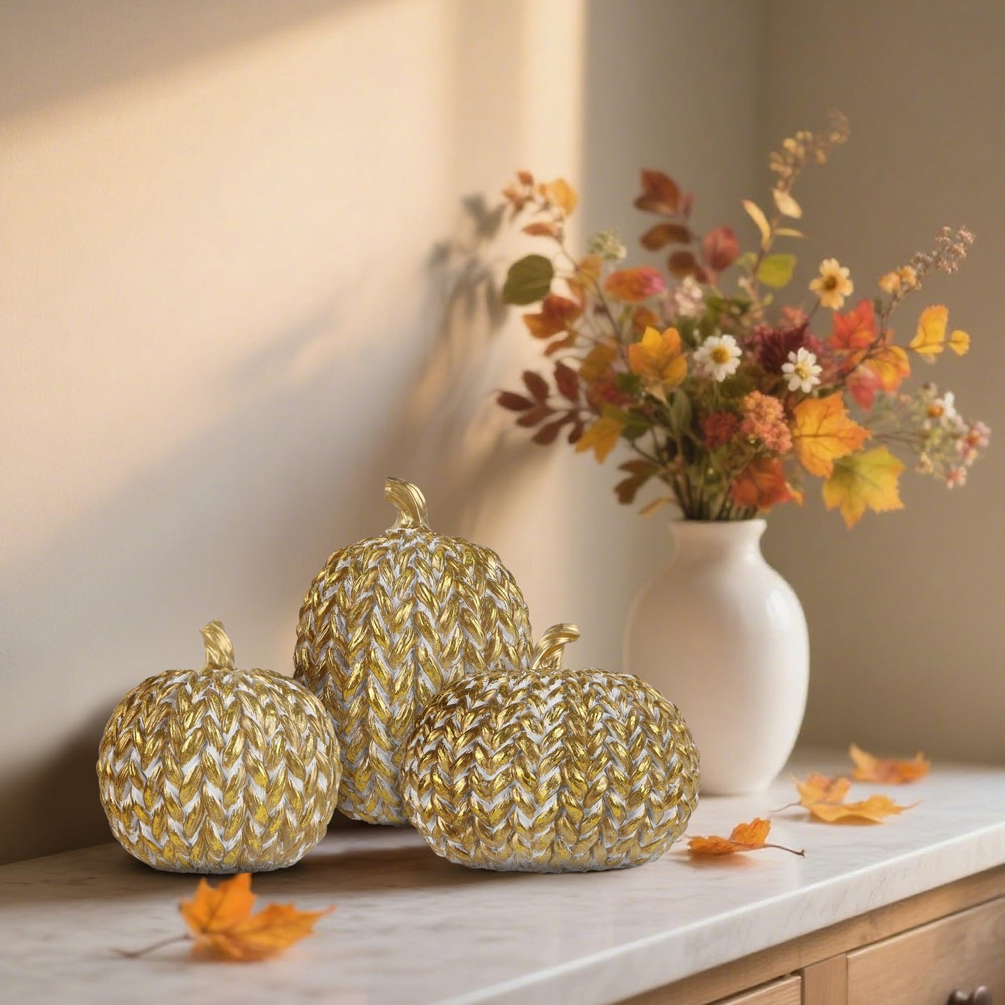 Fall Decorations for Home Set of 3, Gold & White Resin Pumpkin Decor with Woven Design - Thanksgiving Table Centerpiece, Mantel, Indoor & Outdoor Farmhouse Autumn Décor
