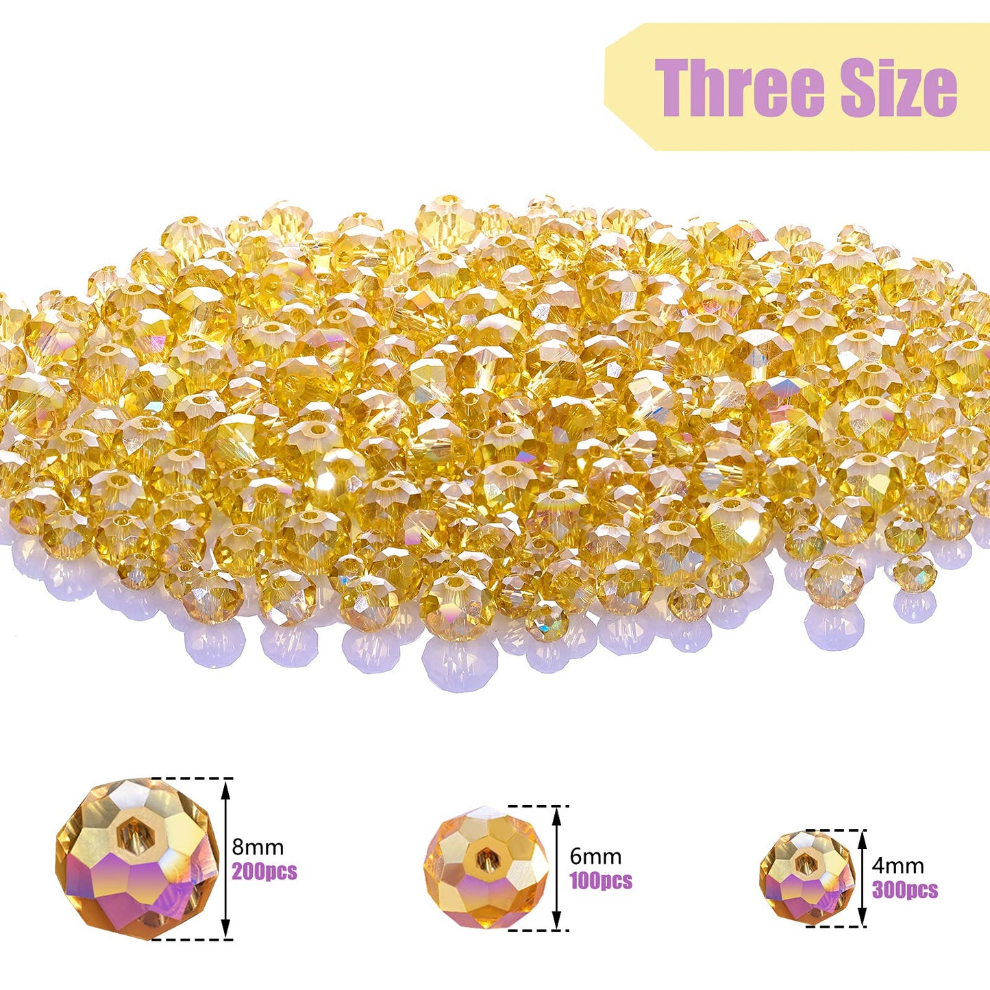 600 Pcs Crystal Glass Beads for Jewelry Making Bulk Faceted Gemstone Rondelle Loose Beads for Bracelet DIY Crafts 8 mm, 6 mm, 4 mm(Champagne Gold)