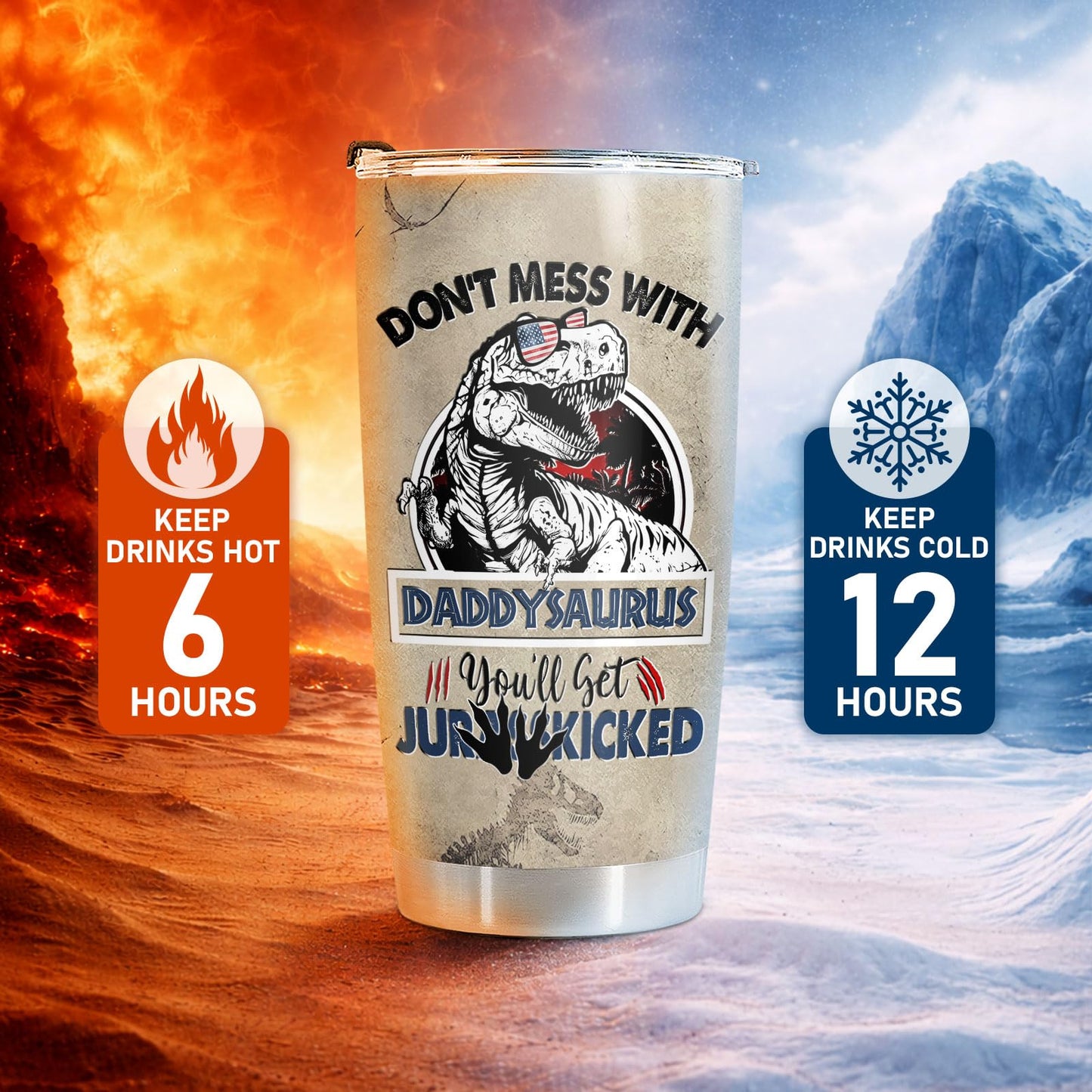 34HD Fathers Day Dad Gifts from Daughter, Dinosaur Dadasaurus Insulated Travel Cup, Don't Mess With Daddysaurus 20oz Tumbler, Funny Jurasskicked Present for Husband & Daddy Papa Stepdad