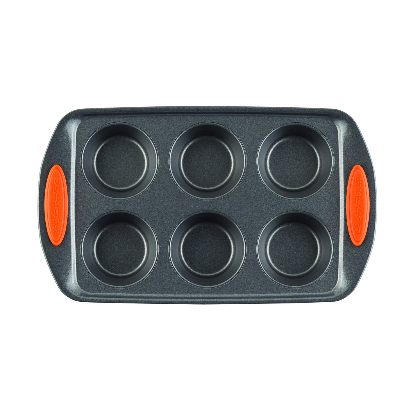 Rachael Ray Yum-o! Nonstick Bakeware Oven Lovin’ Cups Muffin Pan, 6-Cup, Gray with Orange Handles