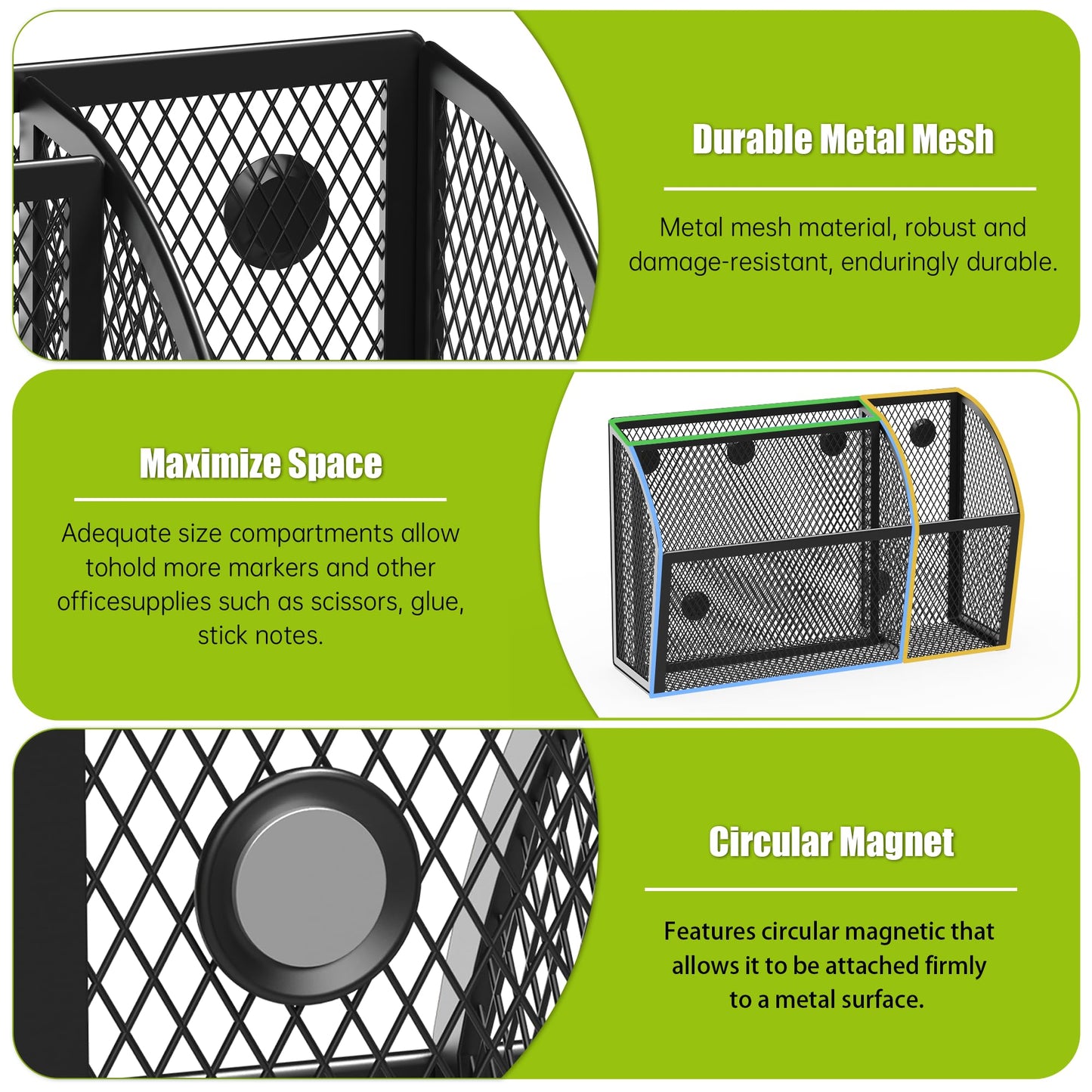 YINGHUA Magnetic Desk Organizer - 3 Compartment Metal Mesh Pen Holder for Locker, Whiteboard, Refrigerator, Office - Black Caddy