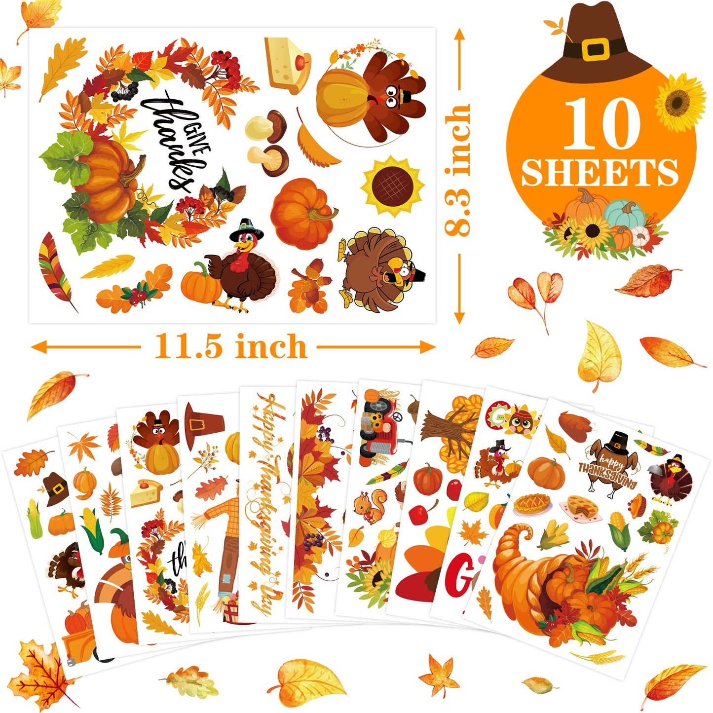 145PCS Thanksgiving Window Clings, Fall Window Decorations Pumpkin Fall Leaves Window Stickers Decals Gobble Turkey Stickers Thanksgiving Decor for Home Office Classroom