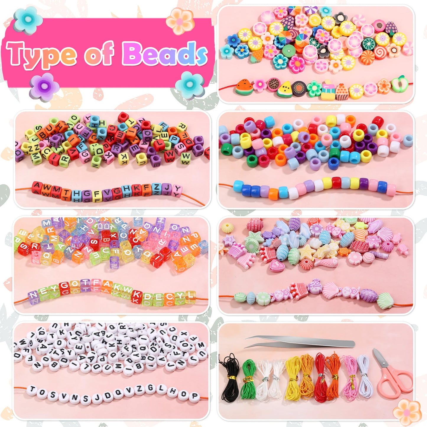 Bead Bracelet Making Kit, Bead Kits for Bracelets Making with Pony Beads, Polymer Fruit Clay Beads, Charm Beads, Letter Beads for Bracelets and Jewelry Making