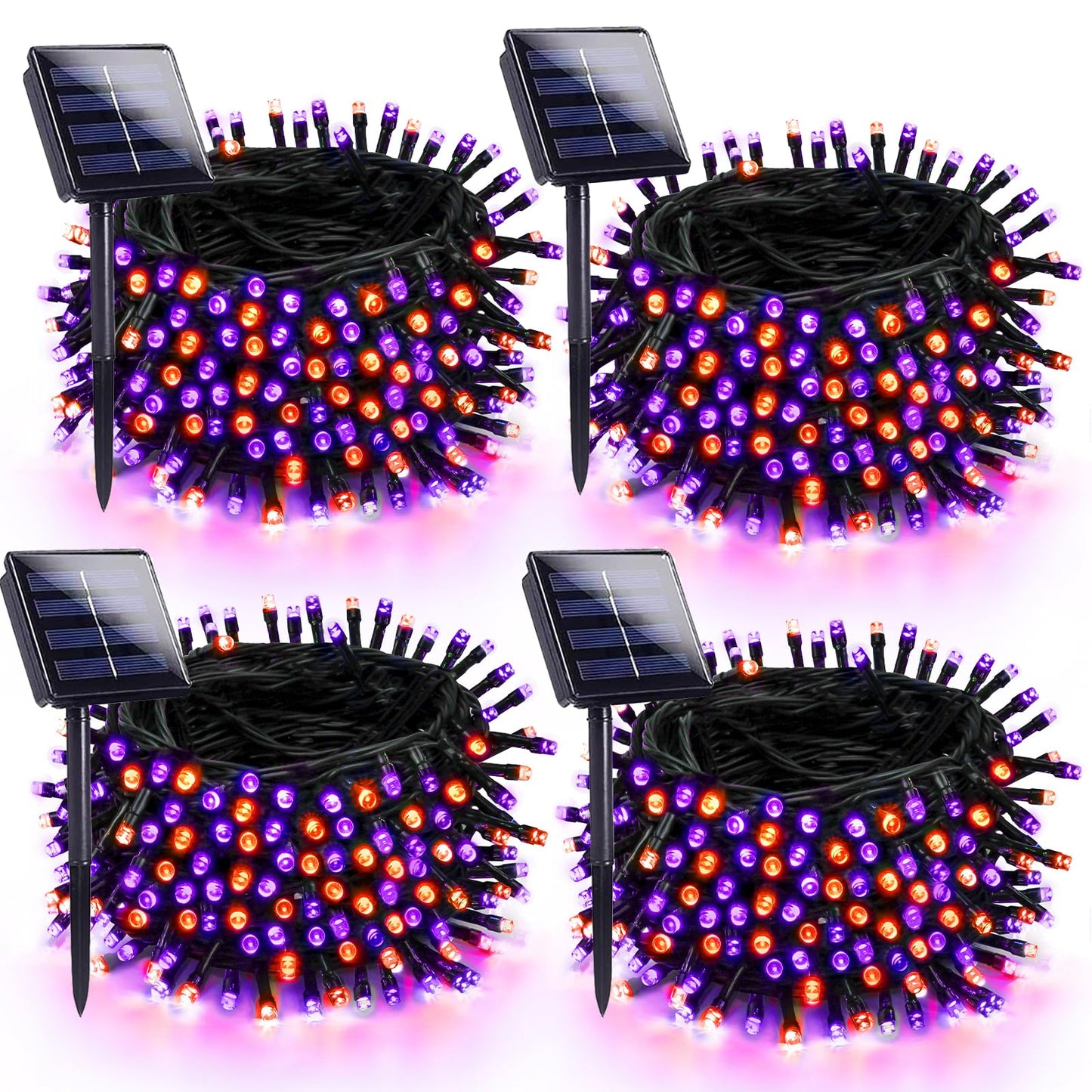 4 Pack Solar Halloween Lights Outdoor Waterproof, 180FT LED String Lights With Black Wire, 8 Modes Fairy Twinkle Lights for Tree Bush Garden Horror Party Decorations - Orange and Purple