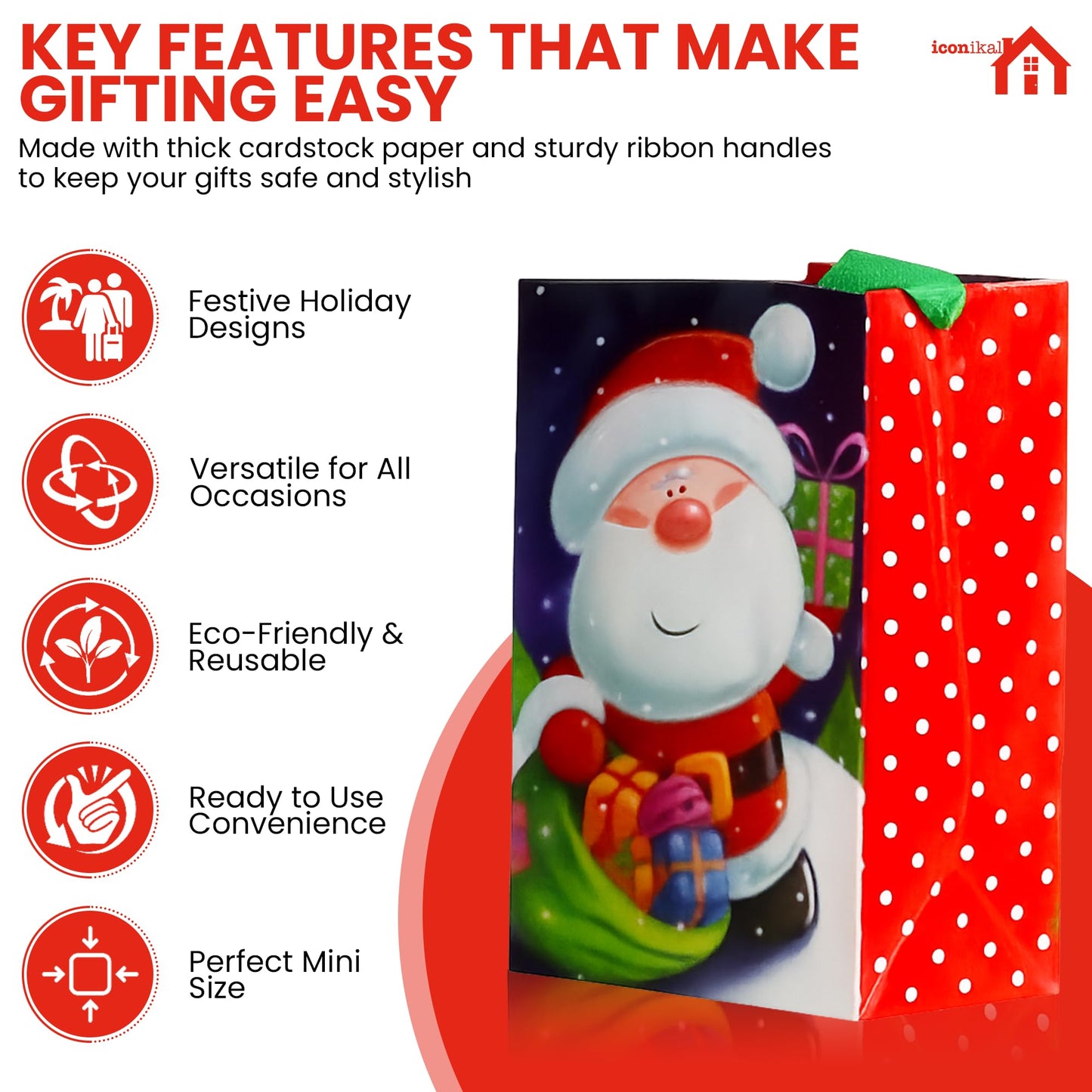 20-Pack Christmas Gift Bags, Small 4x6x2.5-Inch, Snowman Santa Reindeer, Ribbon Handles