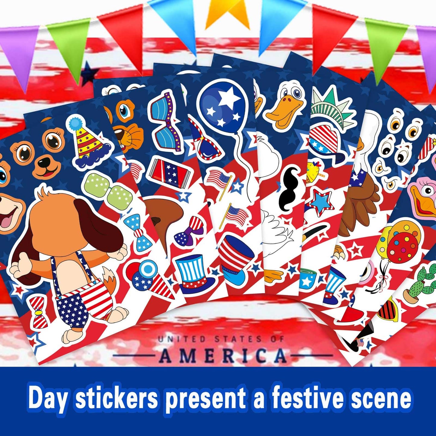 24PCS 4th of July Sticker for Kids, Make-a-face Stickers, Independence Day Patriotic Crafts Stickers, Make Your Own Animal Sticker with The Stars and The Stripes, USA Clasroom Decoration Memorial Day