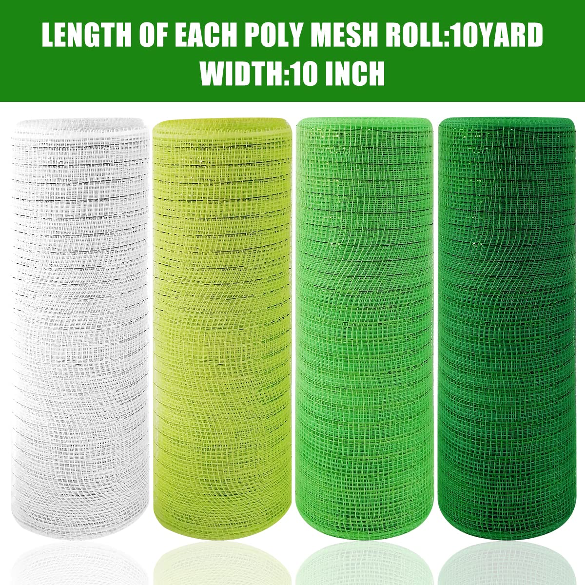 4 Roll St. Patrick's Day Poly Mesh Ribbon, St. Patrick's Day Green White Wired Edge Ribbon 10 Inch x 30 feet Poly Decorations Mesh Ribbon for St. Patrick's Day Holiday Craft Wreaths Decorating