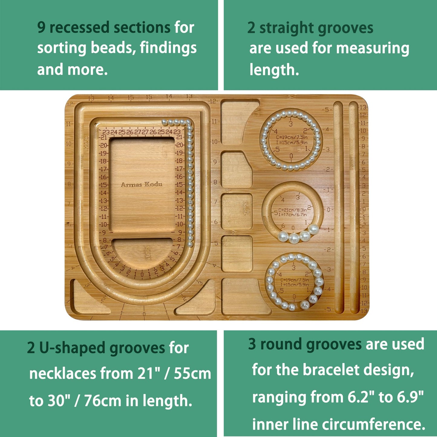 Bamboo Bead Board for Jewelry Bracelet Necklace Making, Deeper Grooves in 0.5’’ Width and 0.25’’ Depth, 15.4 x 11.4 x 0.6 inch Beading Design Tray