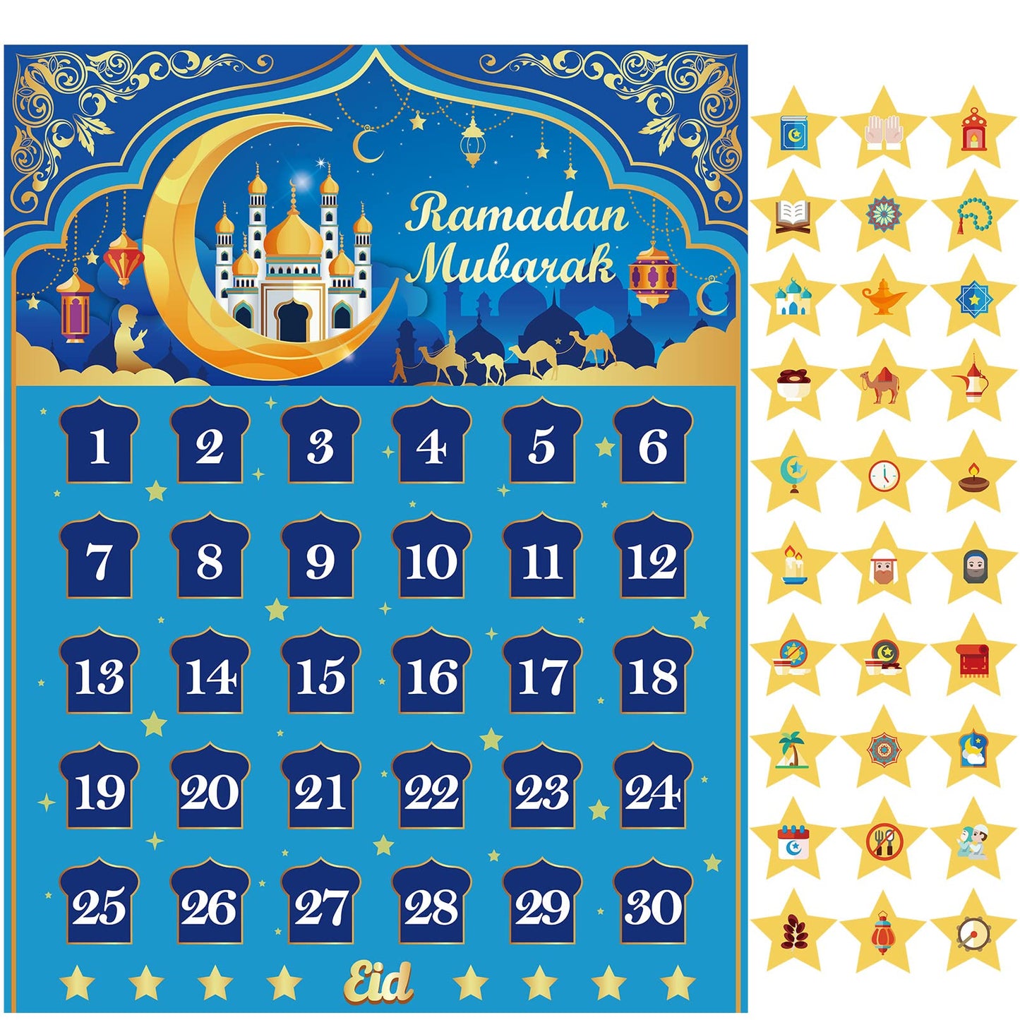 Ramadan Calendar, Eid Mubarak Calendar Countdown for Eid Party Supplies, Ramadan Advent Calendar Poster with 30 Countdown Star Stickers for Ramadan Mubarak Home Wall Decorations