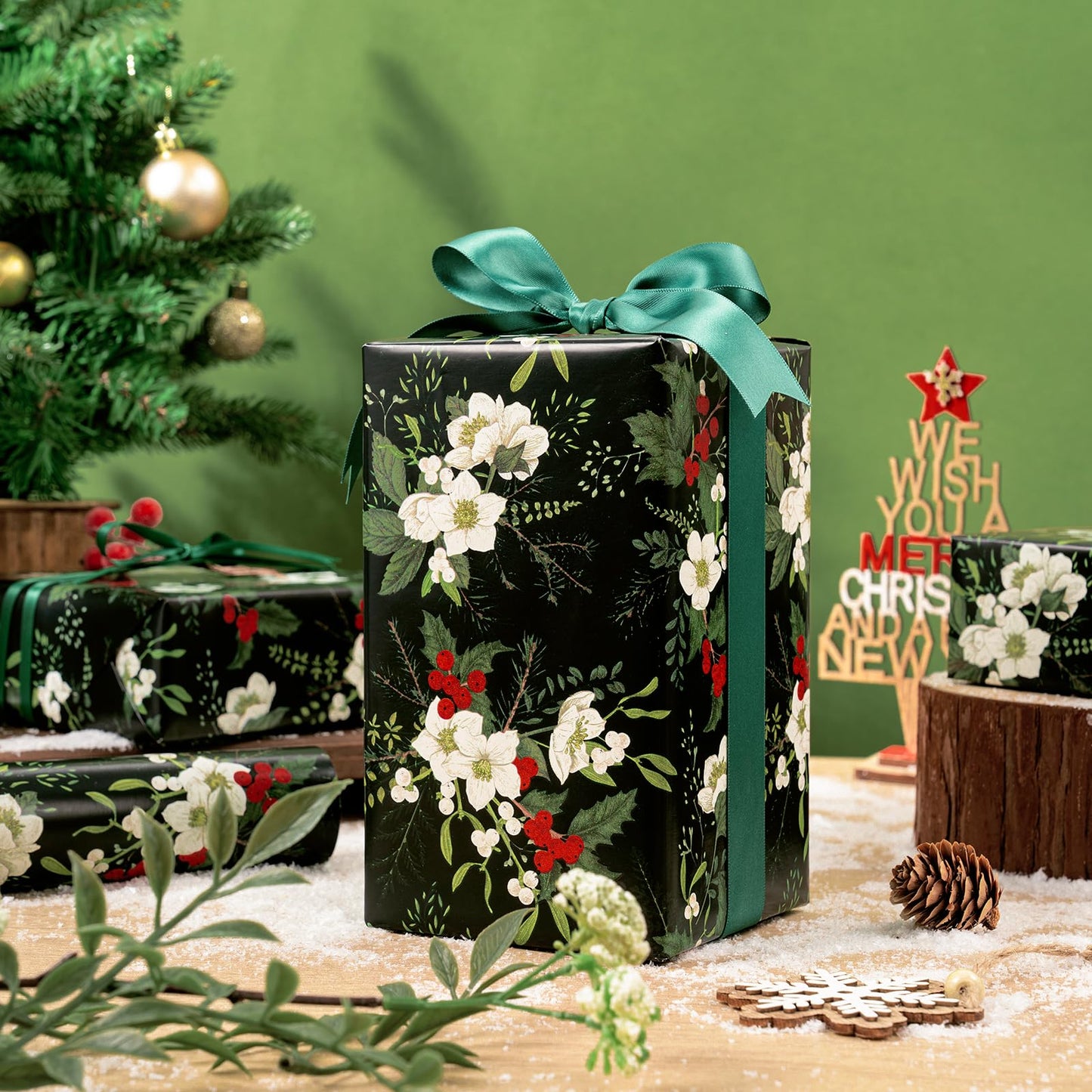 Christmas Wrapping Paper - Mini Roll - 17 Inch x 33 Feet - White Floral Wrapping Paper with Green Leaves and Red Berries for Xmas Holiday, Party Celebration