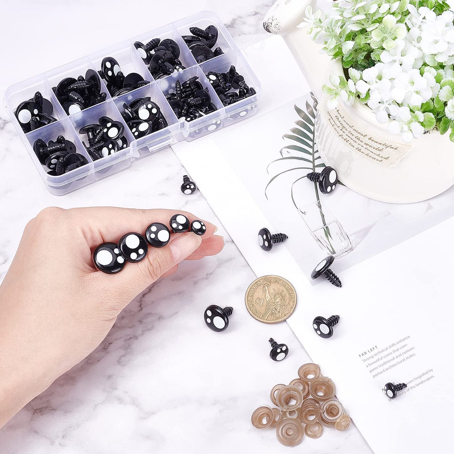 PH PandaHall Resin Safety Eyes, 100pcs 5 Size Craft Eyes Black Stuffed Crochet Eyes Kawaii Eyes with 100pcs Washers for Teddy Bear, Amigurumi Craft, Puppet, Plush Animal Making (8/10/ 12/14/ 16mm)
