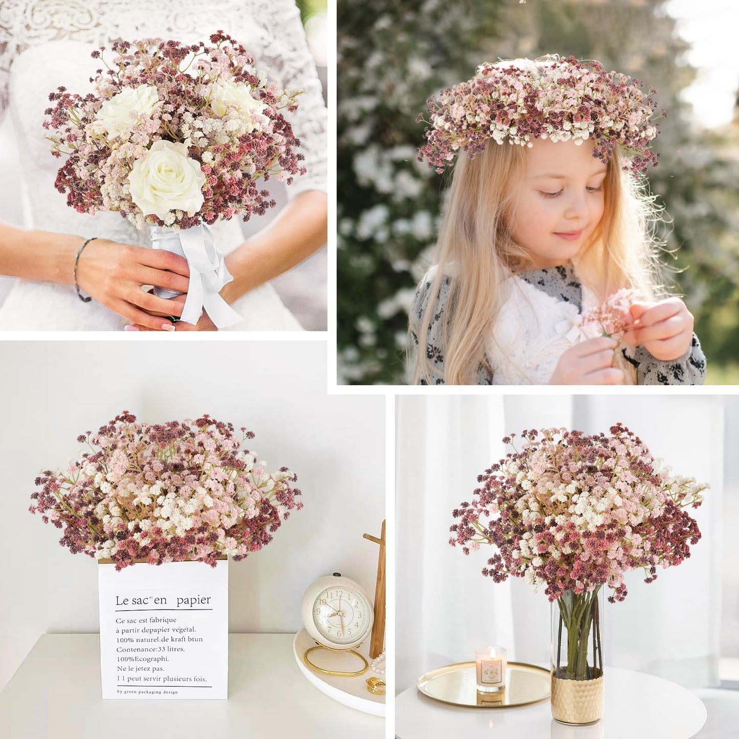 N&T NIETING Baby Breath Flowers Artificial Bulk, 10Pcs Fake Gypsophila Plants Bouquets Flowers Real Touch Faux Babies Breath Arrangement for Home Wedding Party Vase Decoration Fall Pink