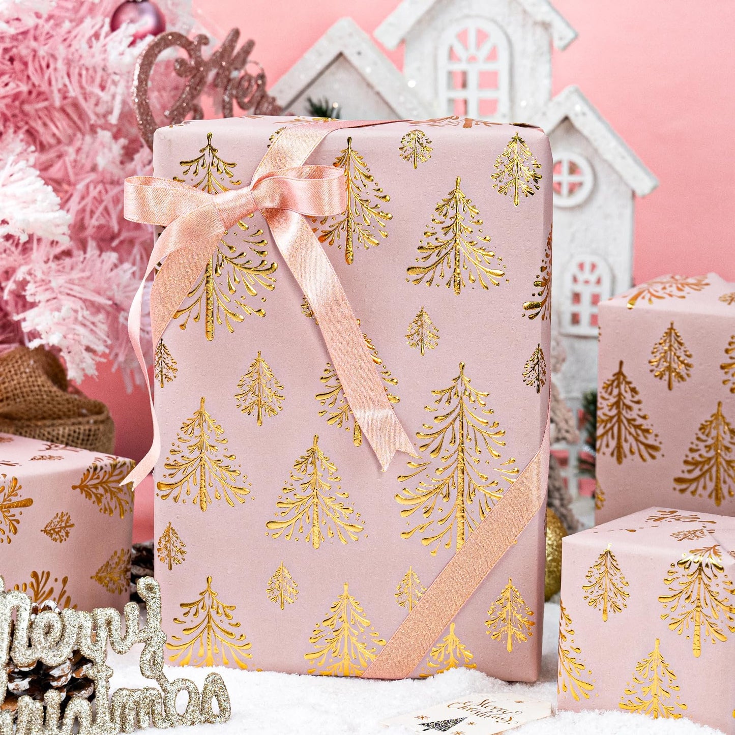 Kraft Christmas Wrapping Paper-Pink 3D Embossed Gold Foil Christmas Pine Tree with Woodlands for Chrsitmas, Holiday, Party,Celebration (17 Inch X 32.8 Feet)