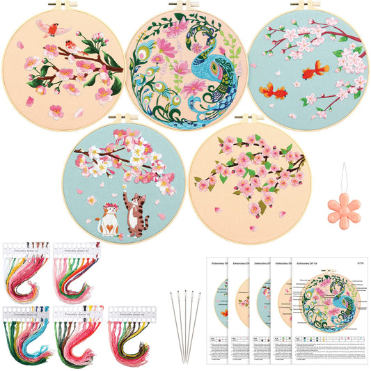 5 Sets Floral Embroidery Kit for Beginners Adults Flower Embroidery Starter Cross Stitch Kits with Flower Stamped Patterns and Instructions Include Hoop Threads Needles Fabric for Art Starter