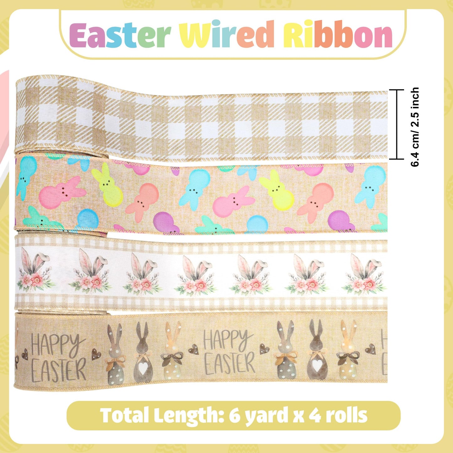Easter Wired Edge Ribbon Farmhouse Bunny Burlap Ribbons 2.5" Plaid Rustic Peeps Wired Ribbon for Easter Holiday Gift Wrapping Wreath Bow Decor DIY Craft, 24 Yards