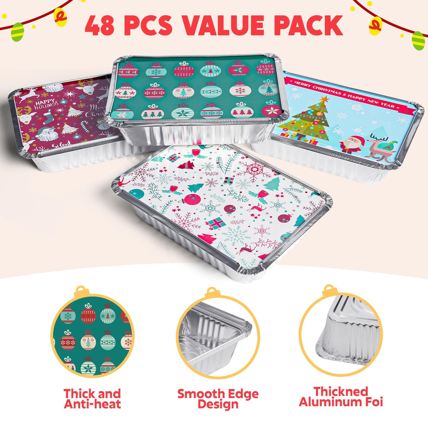 JOYIN 48 Pieces Christmas Foil Containers with Lids, 8 Holiday Designs, 8.5"x6"x2" Rectangular Treat Foil Containers, Disposable Food Storage Pan for Holiday Leftovers, Xmas Gift-Giving