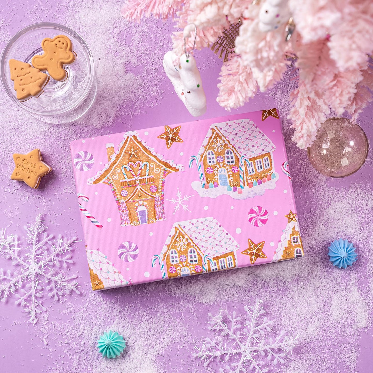 Reversible Gingerbread Christmas Wrapping Paper - Mini Roll - 17 Inch x 33 Feet - Pink Gingerbread House and Snowflake with Embossed for Christmas, Holiday, Party Celebration