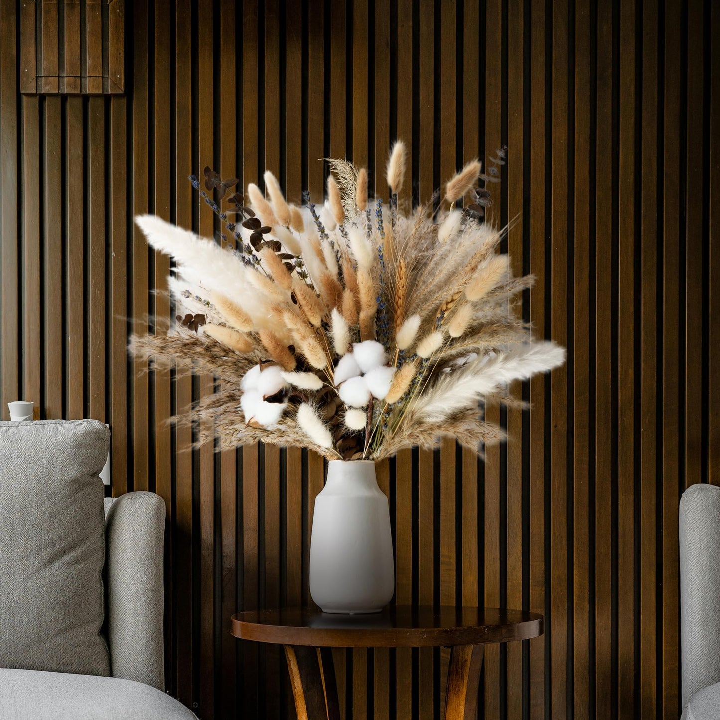 Natural Dried Flower Bouquet - Pampas Grass, Cotton Stems, Bunny Tails, Eucalyptus, Lavender & Wheat - Rustic Boho Decor for Home, Fall Decorations for Home, Wedding, or Gift