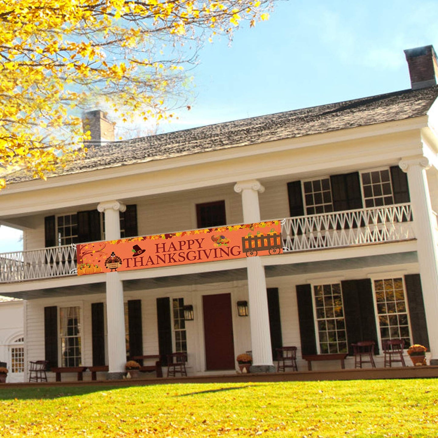 Large Happy Thanksgiving Banner, Thanksgiving Decorations, Fall Banner, Thanksgiving Turkey Maple Leaves Pumpkin Banner, Thanksgiving Party Outdoor & Indoor Decor Supplies (8.2 x 1.5 FT)