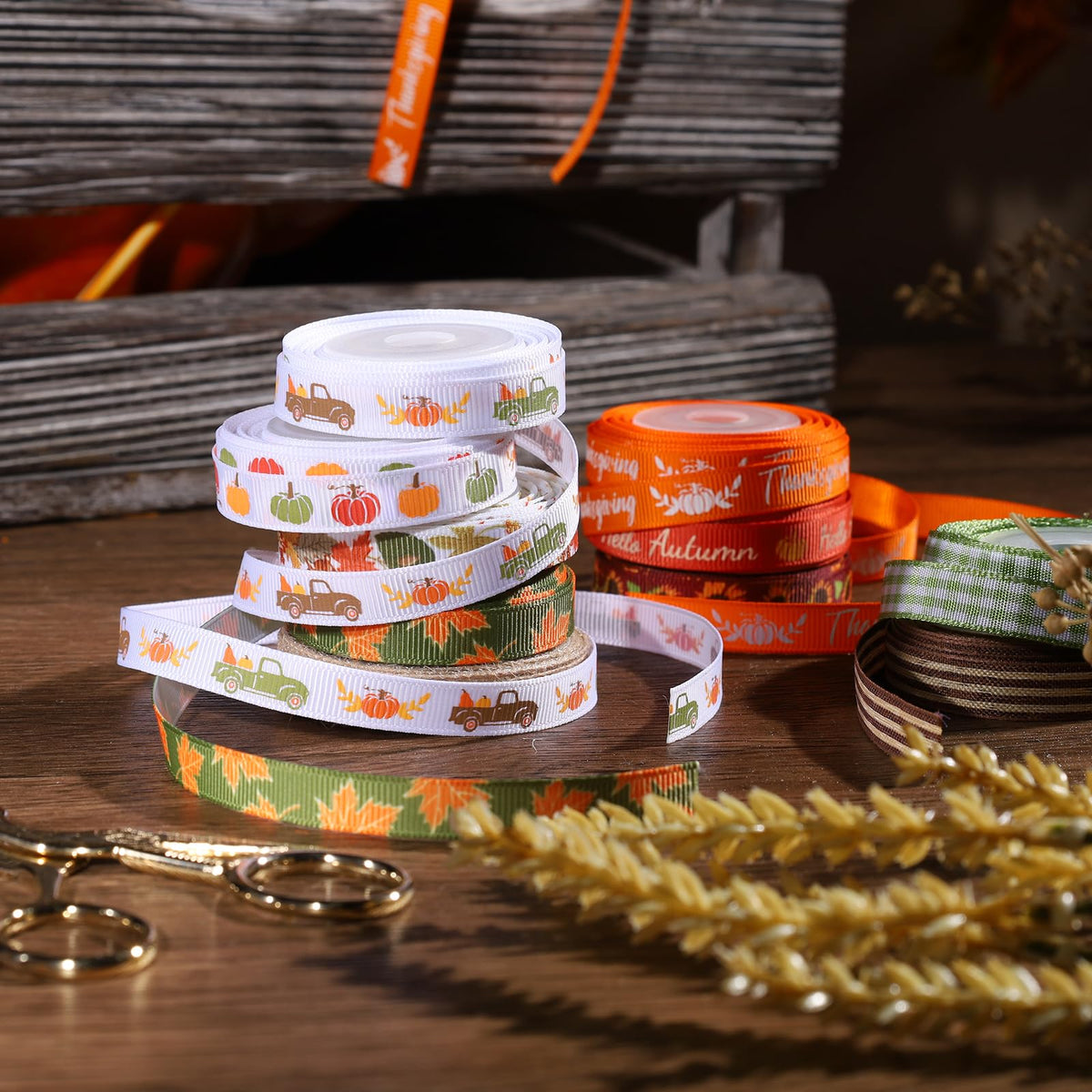 LaRibbons Fall Ribbon for Crafts 3/8" x 50 Yards Autumn Thanksgiving Ribbon
