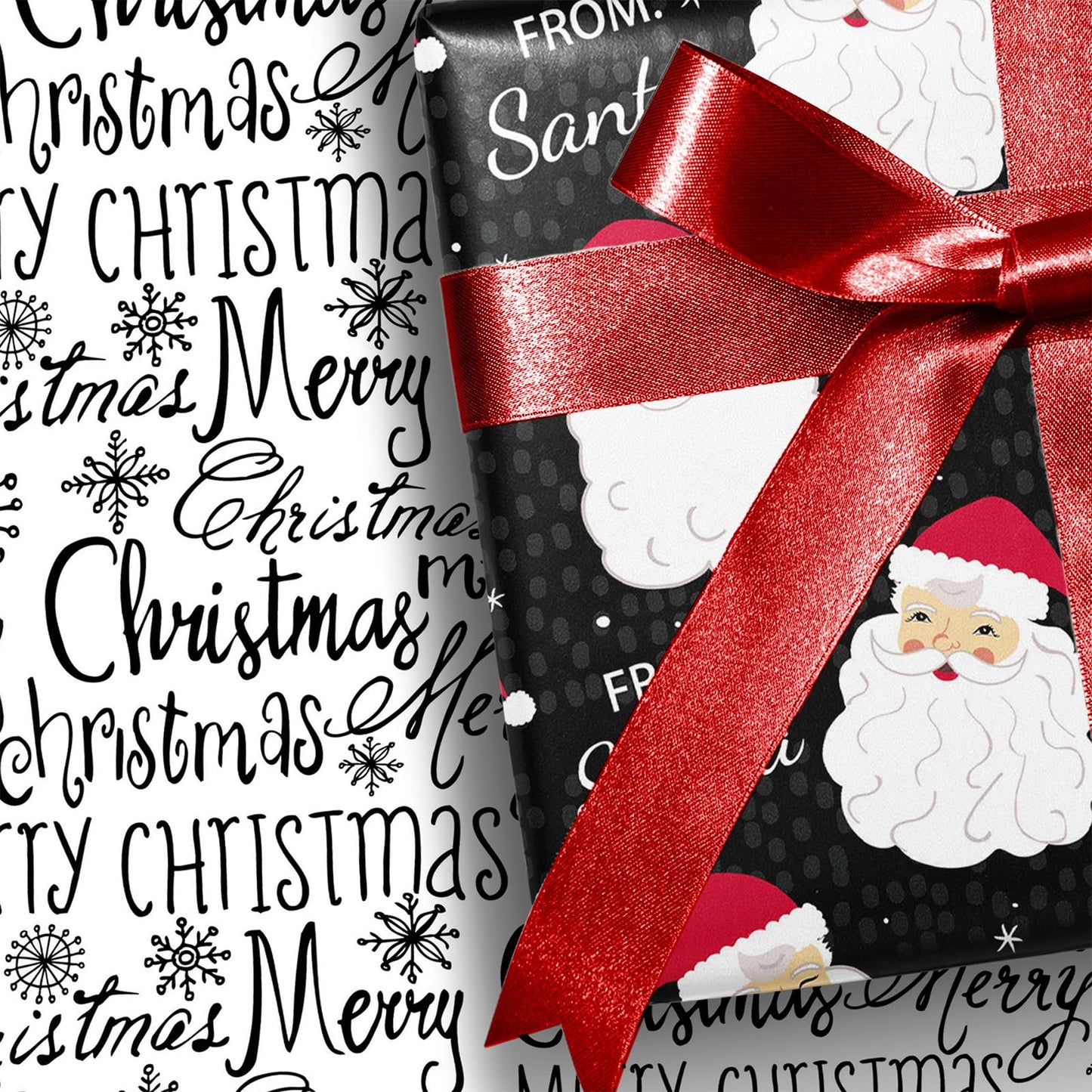 Black Santa Christmas Wrapping Paper, Reversible Holiday Gift Wrap with Classic From Santa & Merry Christmas Design for Kids, Season Party, Xmas Presents, 17 Inch X 33 Feet