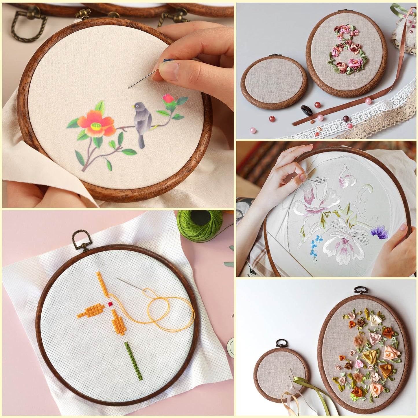 4 Pack Embroidery Hoop Ring, Imitated Wood Display Frame Circle and Oval Embroidery Kits with 30 Pieces Large Eye Embroidery Needles, Quilting Hoop and Cross Stitch Supplies for Sewing and Wall Hang