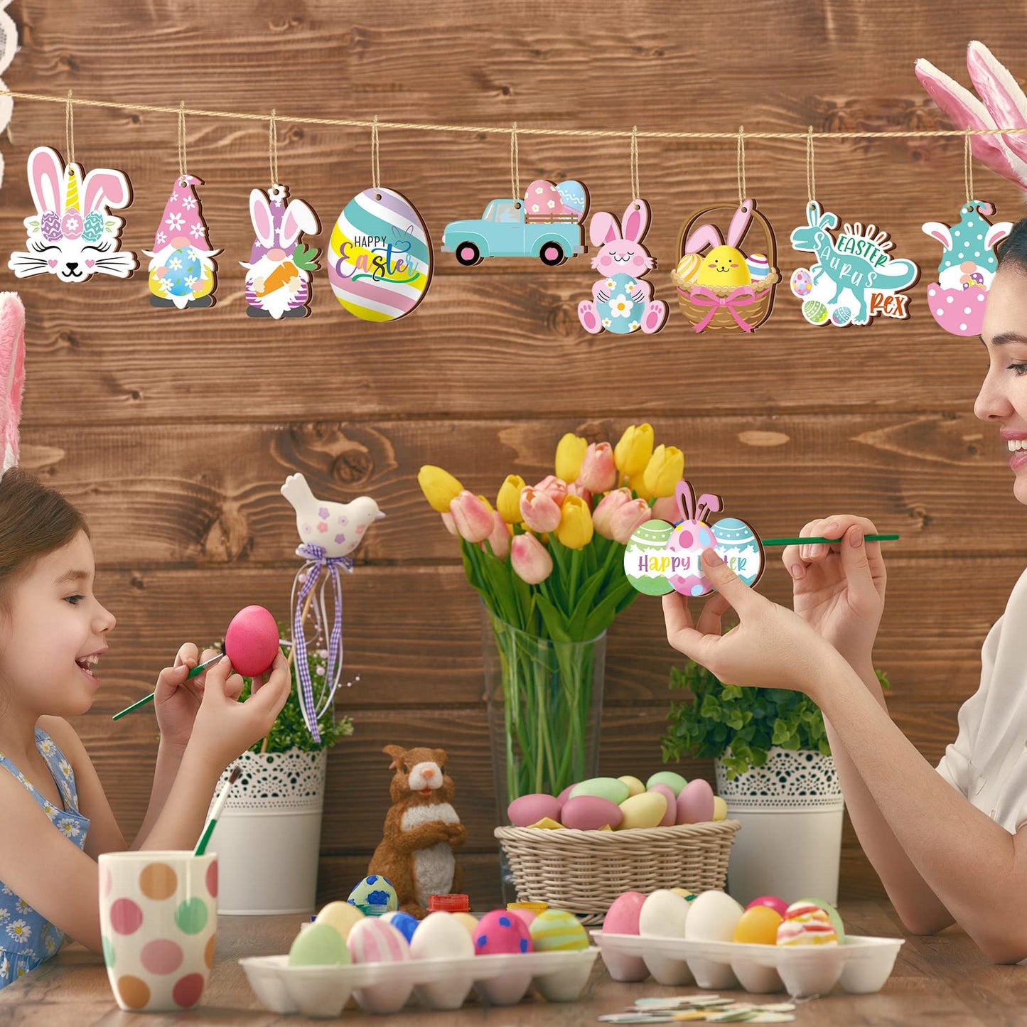 Chunful 30 Pcs Happy Easter Wooden Ornaments with Ropes Spring Egg Gnome Bunny Carrot Basket Holiday Easter Decorations Wood Bunny Ornament Embellishments Decorative Hanging Ornaments for Party