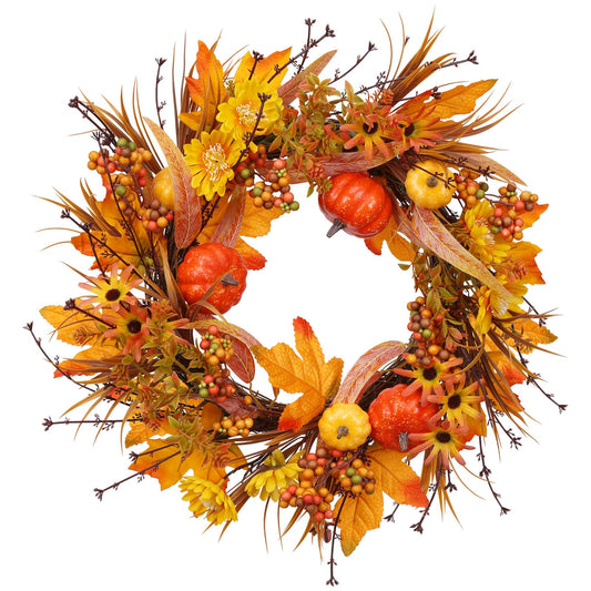 19Inch Fall Wreath, Artificial Pumpkins Maple Leaves Berry Fall Wreaths for Front Door Decor, for Home Autumn Harvest Thanksgiving Porch Outdoor Decorations.