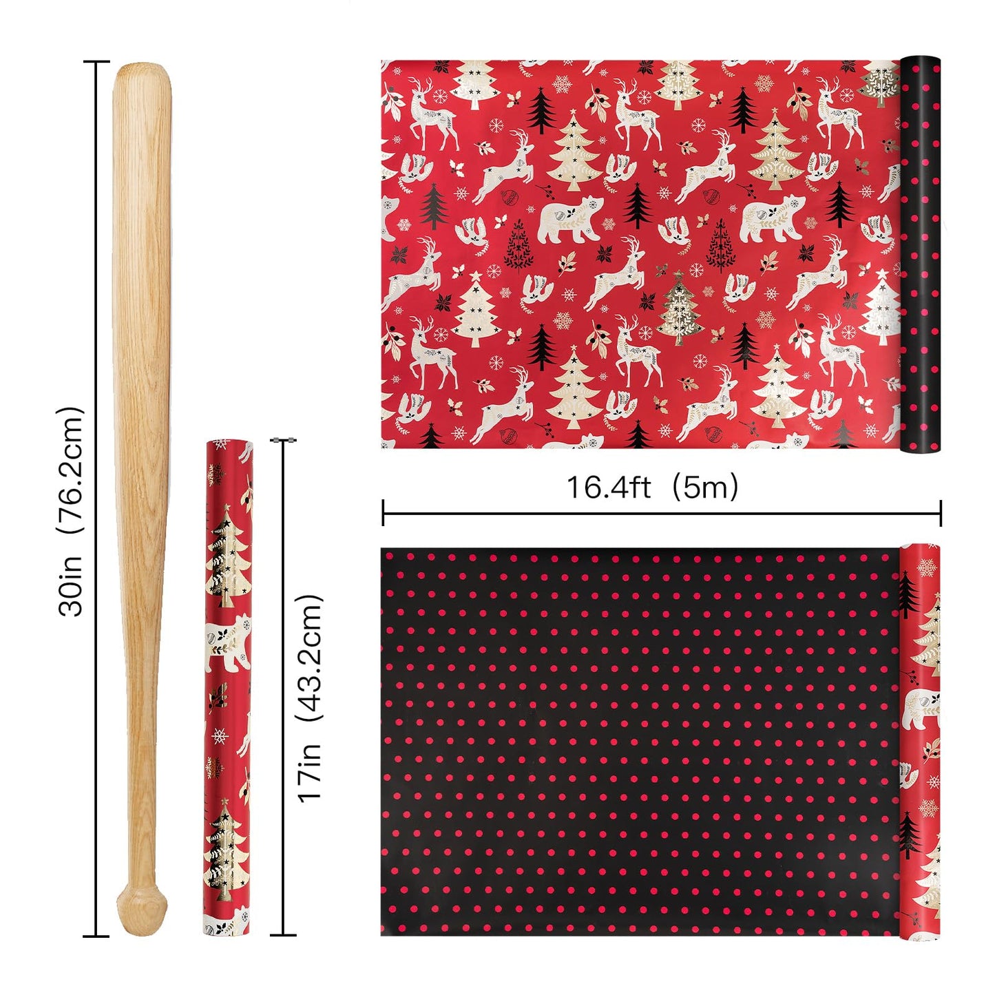 Christmas Reversible Wrapping Paper Roll, Mini Roll, Red Black Reindeer and Tree Design, Black with Red Polka Dots Gift Wrap Paper for Adults, Kids and Holiday Gifts, 17 Inches x 32.8 Feet