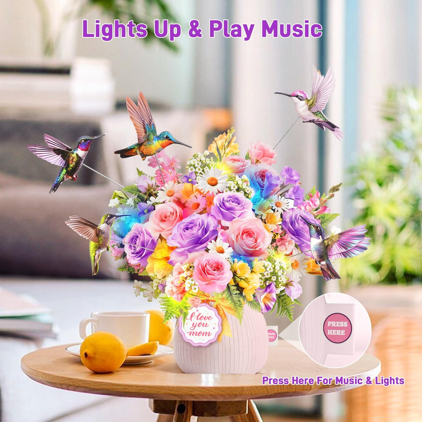 MZD8391 Mothers Day Card with Music & Lights, 3D Pop Up Mothers Day Gift, Hummingbird, 10 Inch Life Sized Forever Flower Bouquet Birthday Card For Mom, Women, Wife