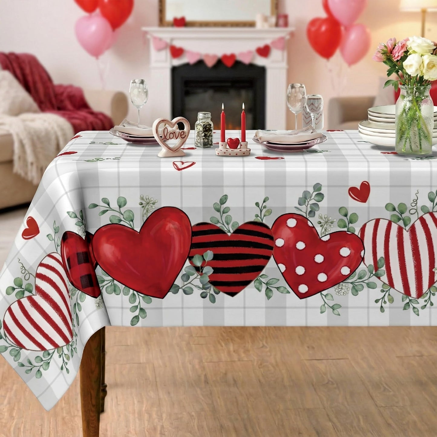 Valentines Day Tablecloth 60×84 Inch, Buffalo Plaid Valentine's Decorations for Home Table Cloth Rectangle, Valentine Day Red Heart Decor Tablecloths Polyester for Picnic Party Dinner