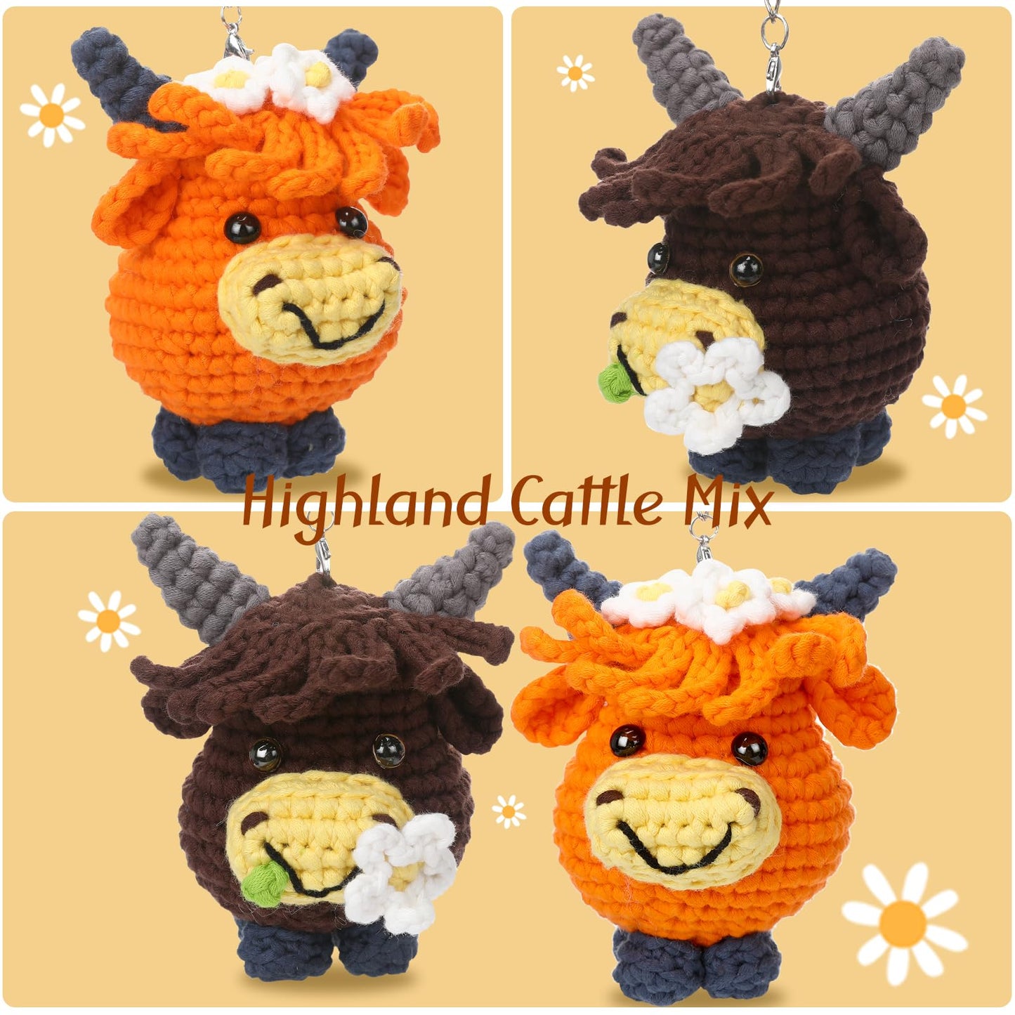 Crochet Kit for Beginners - 2 PCS Highland Cow Keychain Crochet Kit, Learn to Crochet, Include Easy Knitting Yarn, Step-by-Step Video Tutorial, Hook, Holiday Birthday Gift for Adults