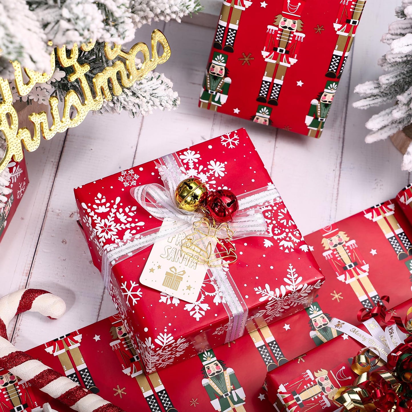 Reversible Nutcracker Christmas Wrapping Paper - Mini Roll - 17 Inch x 33 Feet - Red Nutcracker and Snowflake Wrapping Paper for Christmas, Holiday, Party