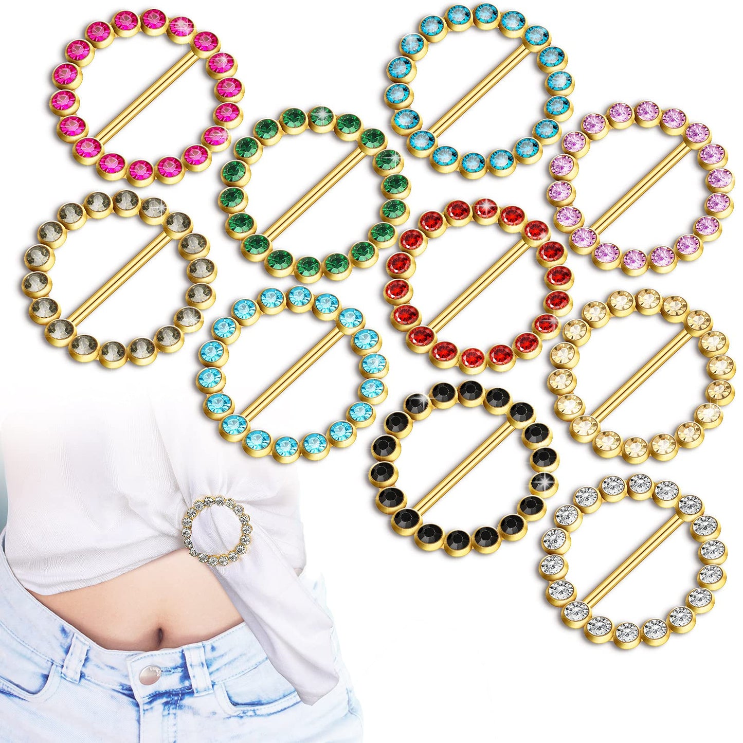 WILLBOND 10 Pieces Scarf Ring Clips Waist Buckle Clip T-Shirt Tie Pin for Women Bling Rhinestone Shirt Ties Pin for Women Fashion Metal Circle Buckle for Clothes Hat Belt Decor