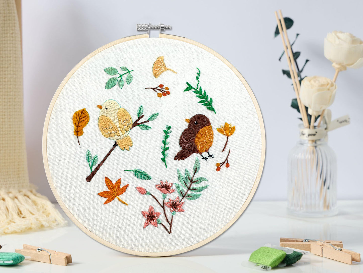 4 Sets Embroidery Set for Beginners, Art Craft, Easy Sewing, Includes Embroidery Clothing, Pattern, Embroidery Hoop, Instruction Manual, Colorful Thread Needles Set (6 Pieces)
