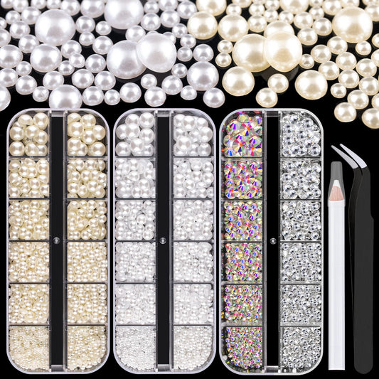 4000 PCS Half Round Pearls and Rhinestones, Flat Back White and Beige Half Pearls and Clear+AB Round Crystal Gem Kit with Tweezer and Pickup Pencil for Nail Art and DIY Decoration