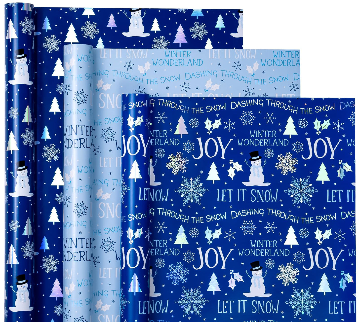 Christmas Wrapping Paper Roll - Mini Roll - 3 Rolls - 17 Inch x 120 Inch Per Roll - Blue and White Winter Wondland, Snowflake, Snowman Holiday Collection with Metallic Foil Shine