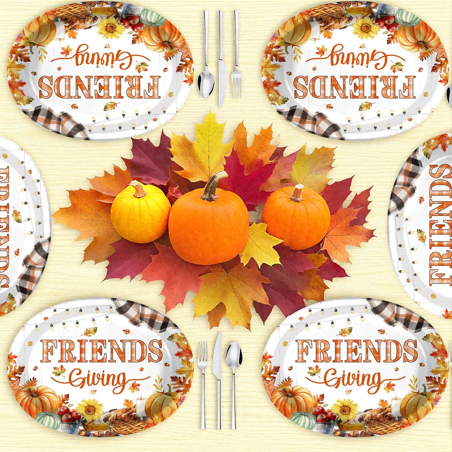 Grencian 50Pcs Friendsgiving Oval Paper Plates Thanksgiving Party Decorations 10" x 12" Large Disposable Autumn Fall Pumpkin Maple Leaves Platter for Thanksgiving Harvest Friends Thanks Party Supplies